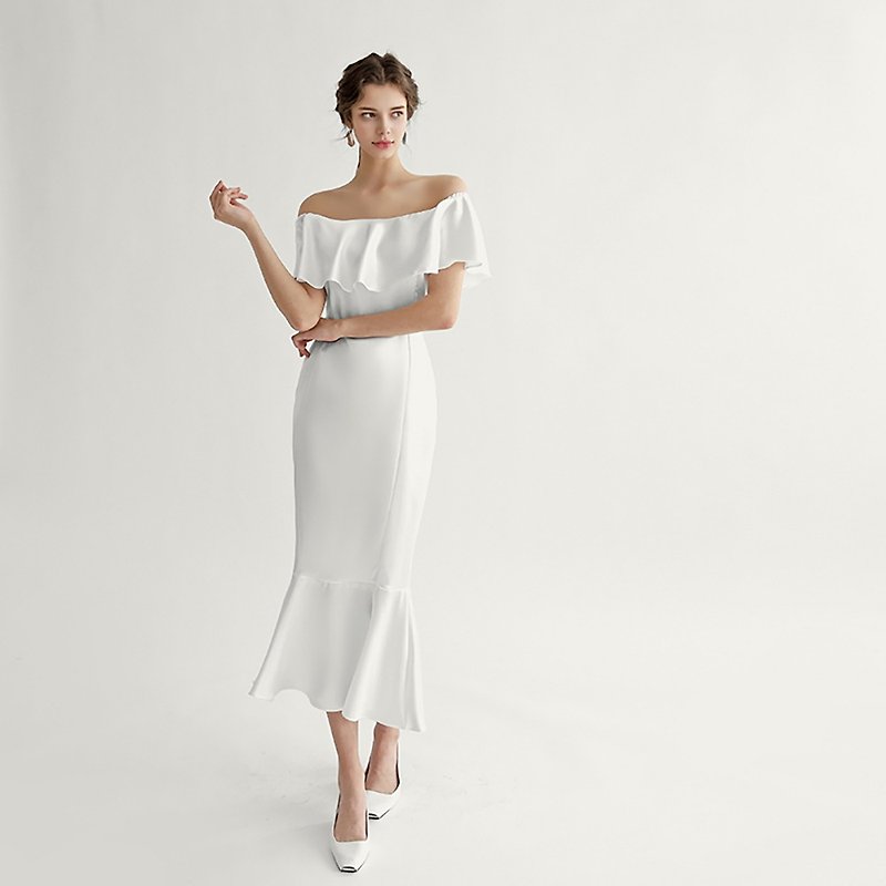 BELLA高品質オフショルダーホワイトセミウェディングドレス、花嫁介添人ドレス - ドレス - ポリエステル 