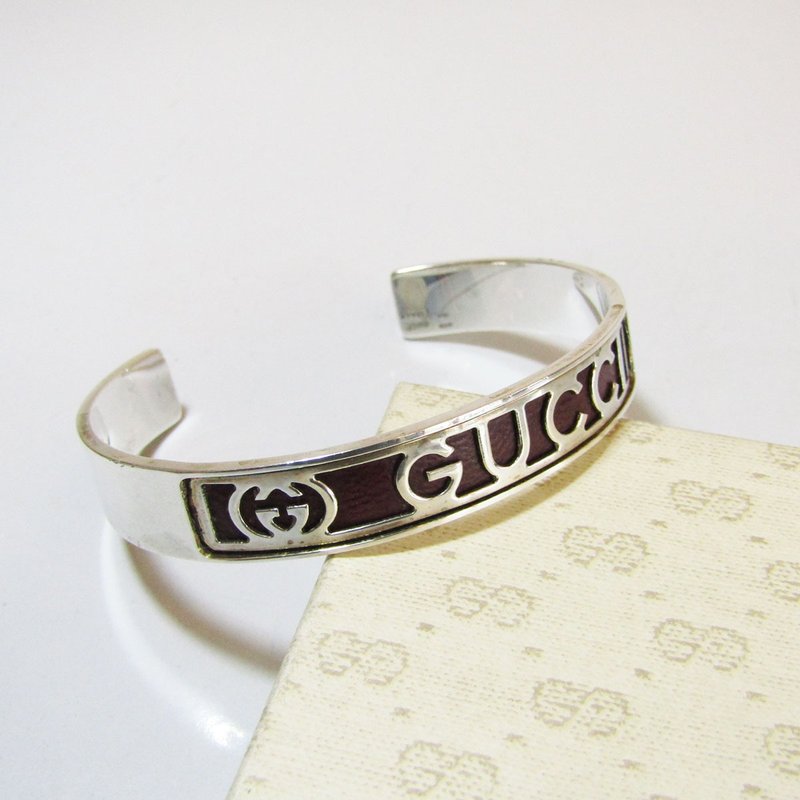 OLD GUCCI オールドグッチ ヴィンテージ シルバー925 ワインレッドレザー バングル - 手鍊/手環 - 其他金屬 銀色