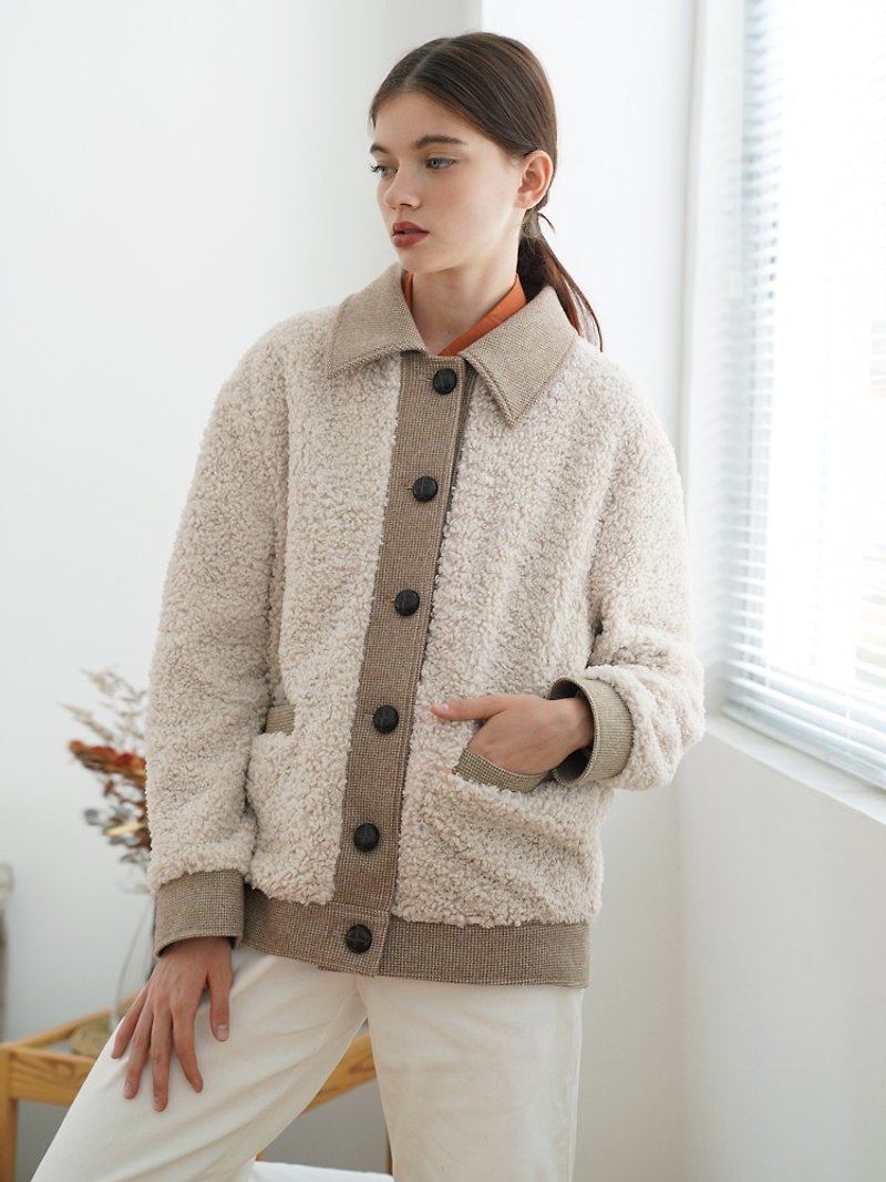 ECRU SOLI autumn and winter Japanese loose simple warm lamb wool thick coat jack - เสื้อแจ็คเก็ต - วัสดุอื่นๆ ขาว