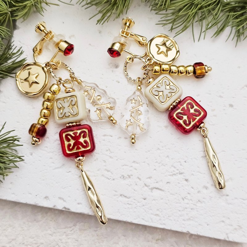 Xingxue Fairy Tale-clip or pin earrings [Christmas] - Earrings & Clip-ons - Resin Red