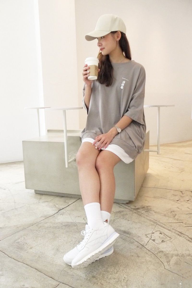 麻糬兔101-層次感oversize T-shirt(可可咖) - 男 T 恤 - 棉．麻 卡其色