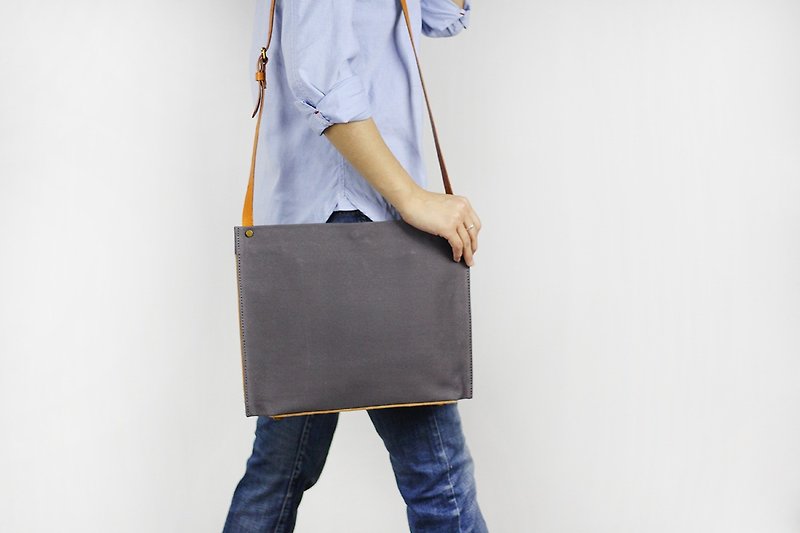 [Limited time] simple canvas leather shoulder bag / shoulder bag / briefcase / blue / black / white / gray / red / yellow multi-color optional - Messenger Bags & Sling Bags - Cotton & Hemp Gray