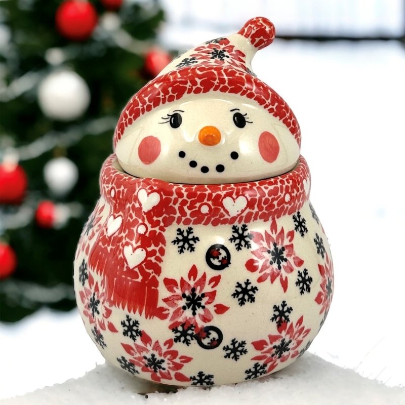 Polish hand-painted handmade pottery-snowman storage jar (small) 15cm Christmas Snowflake Series (red) entry-level model - กล่องเก็บของ - ดินเผา สีแดง