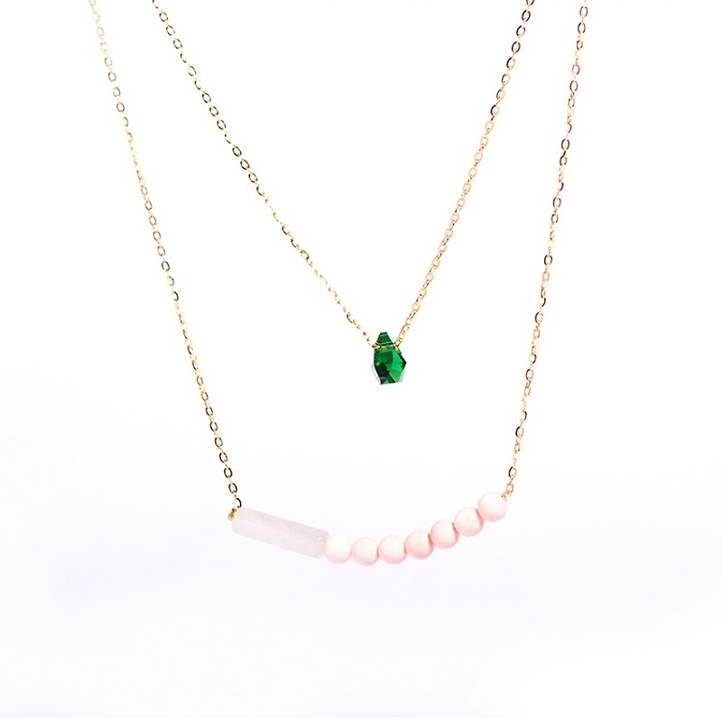 YUNSUO-original design-emerald and pink crystal double layered necklace - สร้อยคอ - เครื่องเพชรพลอย สีเขียว