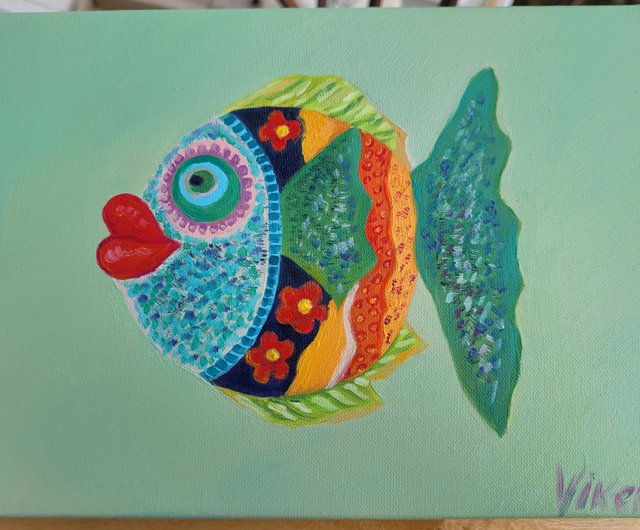 面白い魚、装飾的な魚の芸術、オリジナルの魚の絵、キャンバスの油絵 - ショップ Vikenty Art Shop ウォールデコ・壁紙 - Pinkoi