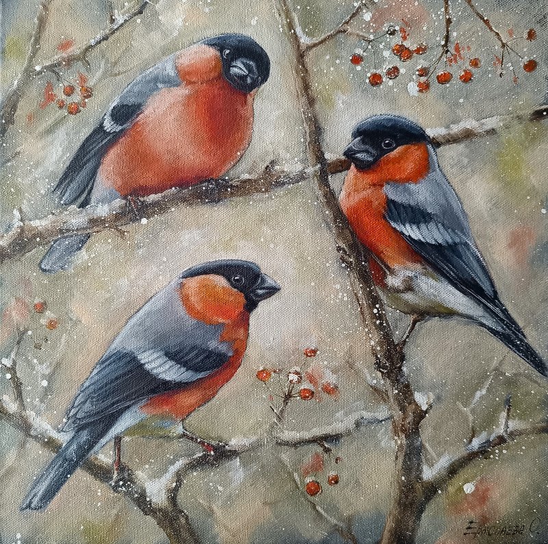 Bright bullfinches Winter Oil Painting birds art - Wall Décor - Other Materials Red