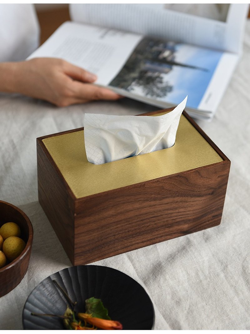 紙巾盒 北美黑胡桃原木+黃銅美物 - 面紙盒 - 木頭 