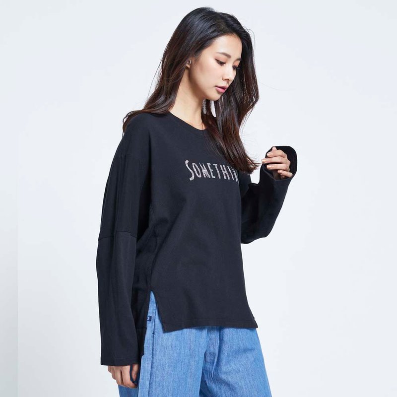 SOMETHING 寬鬆條紋LOGO長袖T恤(黑色)#上衣 - 女上衣/長袖上衣 - 棉．麻 黑色