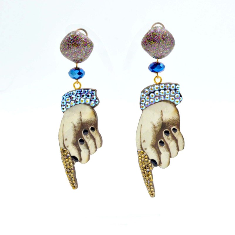 TIMBEE LOヴィンテージウッドチップフィンガーパターンクリスタルイヤリングラージLサイズシンプルでハンサム、ニュートラル - ピアス・イヤリング - 木製 ブラック