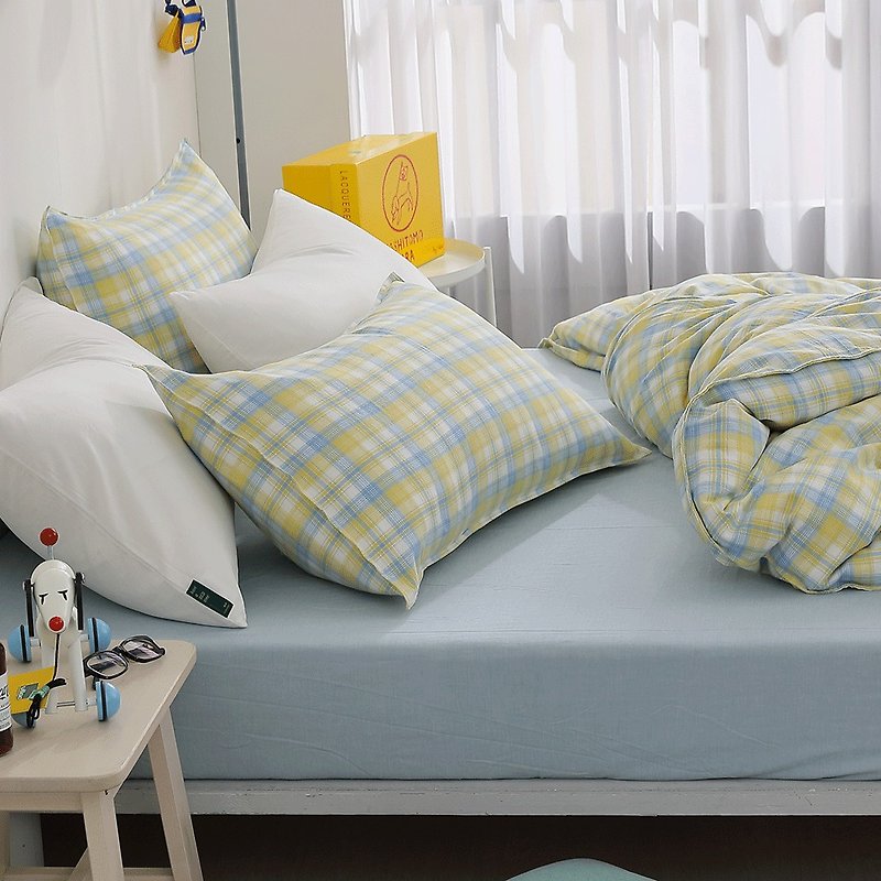 Good Relationship HAOKUANXI | Lemon American Style - Natural Yarn-dyed Cotton Bed Bag Pillowcase Set - เครื่องนอน - ผ้าฝ้าย/ผ้าลินิน สีเหลือง