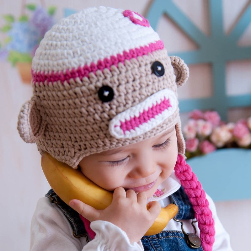 Cutie Bella Hand Knitted Hat Monkey-Girl - หมวกเด็ก - ผ้าฝ้าย/ผ้าลินิน สีนำ้ตาล