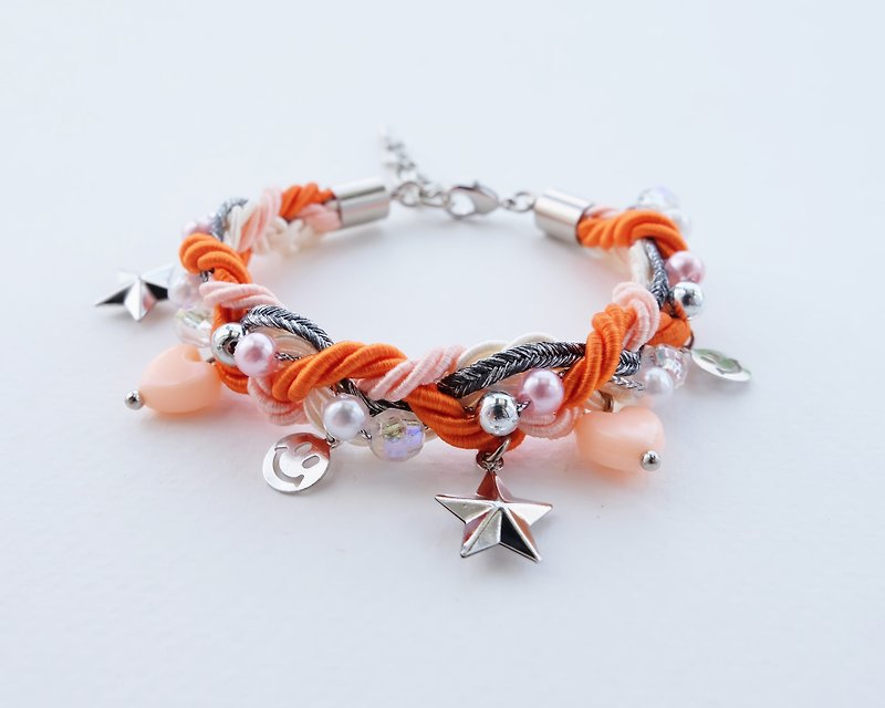 Smiley charms braided bracelet in orange color - สร้อยข้อมือ - วัสดุอื่นๆ สีส้ม