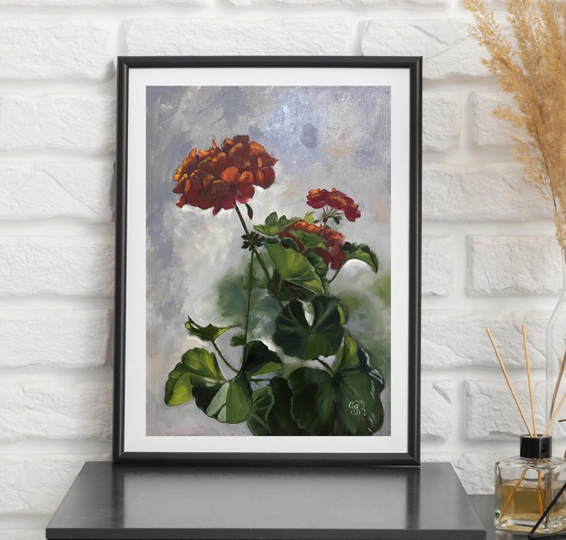 Original Oil Painting of Red Geranium Flower Realistic Floral Art 40 x 30 cm - 壁貼/牆壁裝飾 - 紙 紅色