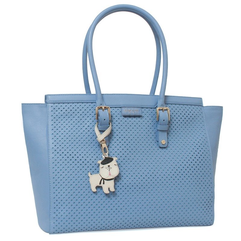 French Bulldog Perforated Leather Tote - Handbags & Totes - Genuine Leather Blue