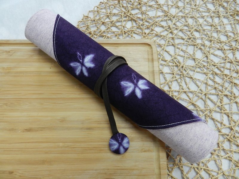 紫染蝶花~環保筷套/餐具包(4格式) - 筷子/筷子架 - 棉．麻 紫色