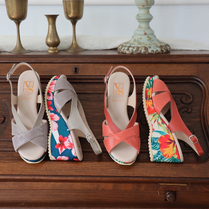 Yangsen Life | Hibiscus lizard pattern leather high-heeled sandals-2 colors - รองเท้ารัดส้น - หนังแท้ หลากหลายสี