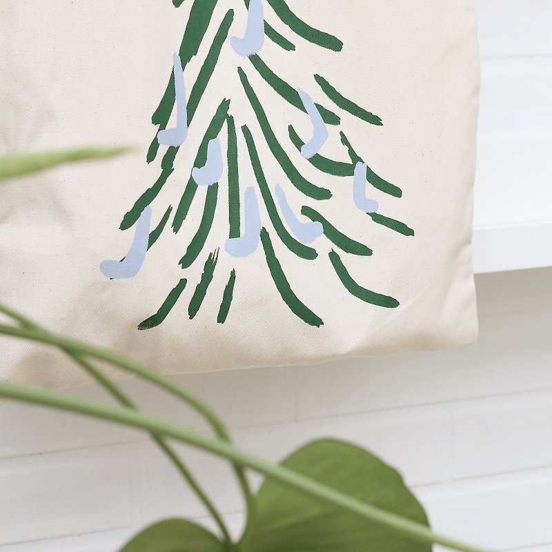 Xmas 托特包 絹印 聖誕節 聖誕樹 肩背 - 手袋/手提袋 - 棉．麻 綠色