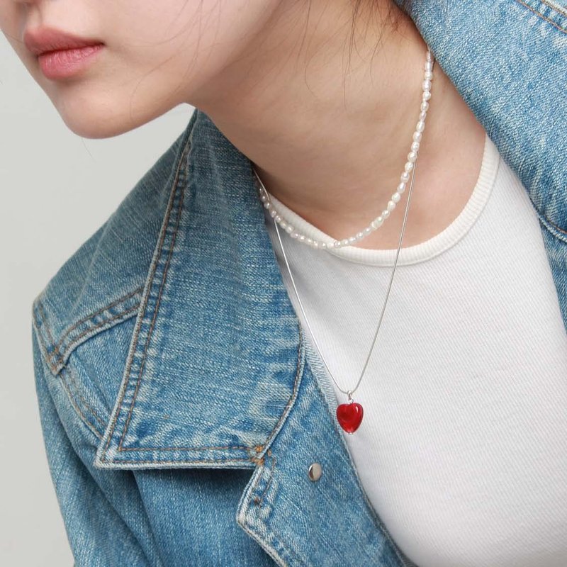 vintage heart necklace (925silver) - สร้อยคอ - โลหะ สีแดง