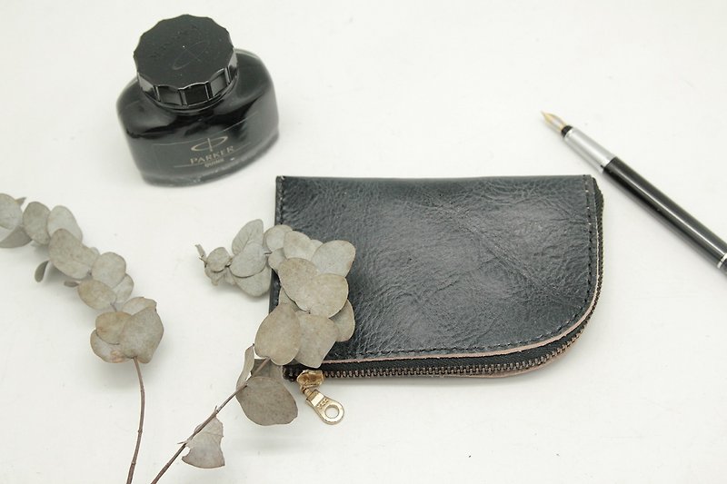 Flip flower gray black series-L-shaped credit card coin purse - Coin Purses - Genuine Leather Black