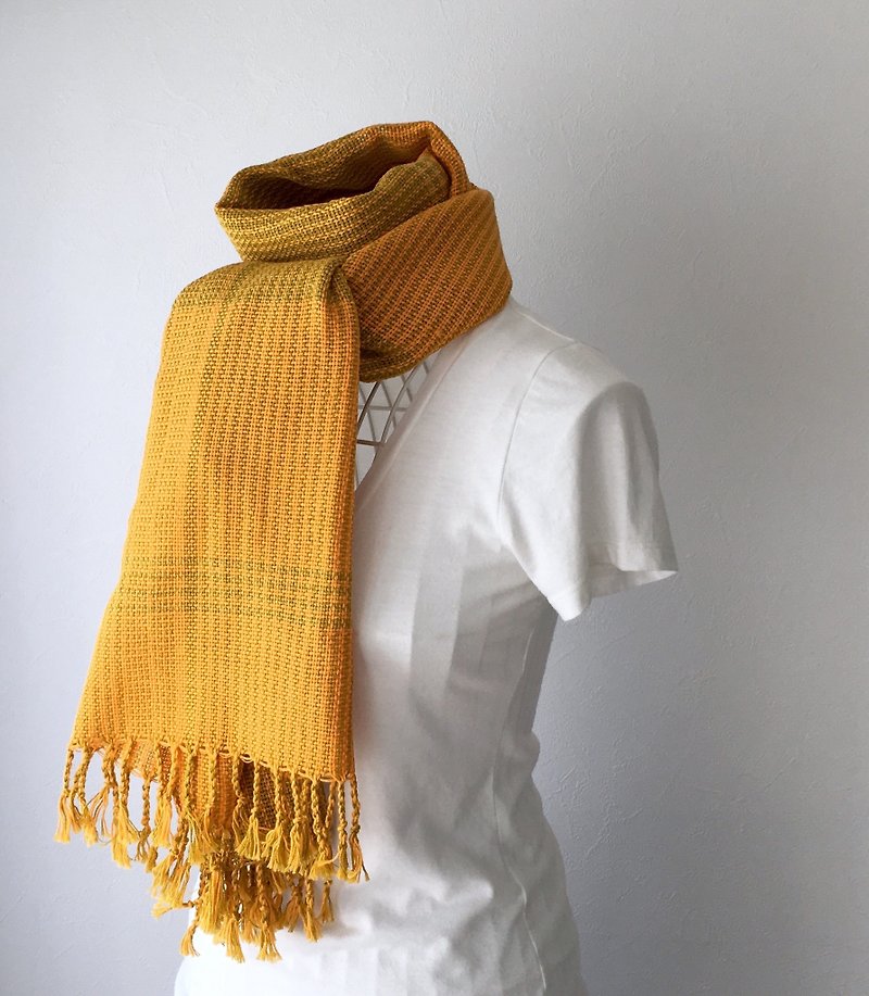 [Cotton: All season] hand-woven stall "Orange & Green Stripe" - Scarves - Cotton & Hemp Orange