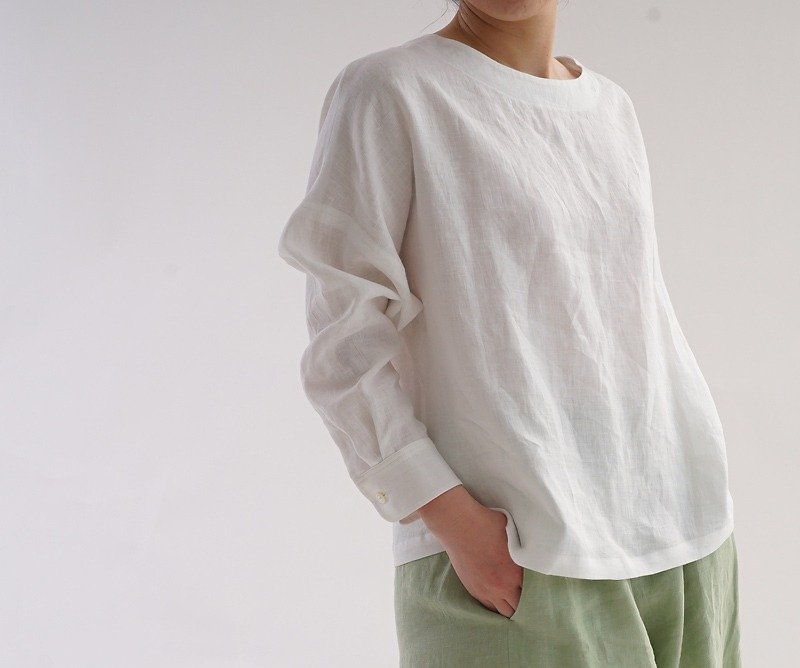 リトアニアリネン カフスシャツ袖のドロップショルダー トップス/ホワイト t002a-wht1 - 女裝 上衣 - 棉．麻 白色