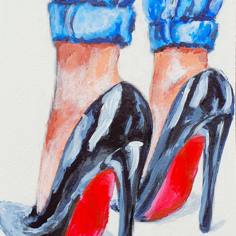 Shoes Painting Legs Girl Jeans Original Art Patent Black Shoes Heels Hairpins - 海報/掛畫/掛布 - 其他材質 多色