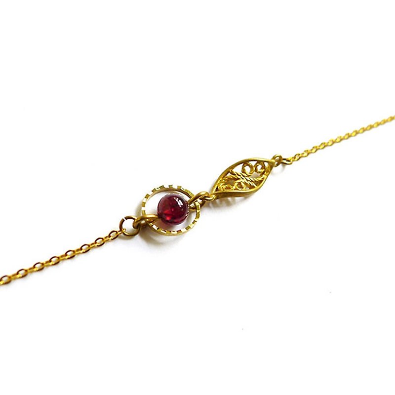 Ficelle | handmade brass natural stone bracelet | [Garnet] Bohemian thin chain - Bracelets - Gemstone Red