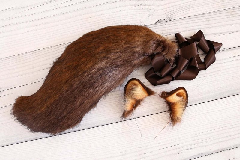 Brown Tanuki Ears and Tail Set - 髮圈/髮夾 - 其他人造纖維 咖啡色