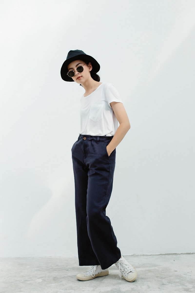 MGM Linen Basic Trousers in Navy - Women's Pants - Cotton & Hemp Blue