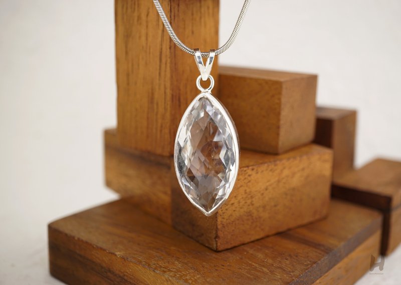 Gemstone Bracelets Transparent - Clear Quartz Crystal Sterling silver pendant necklace, Marquise faceted cut.