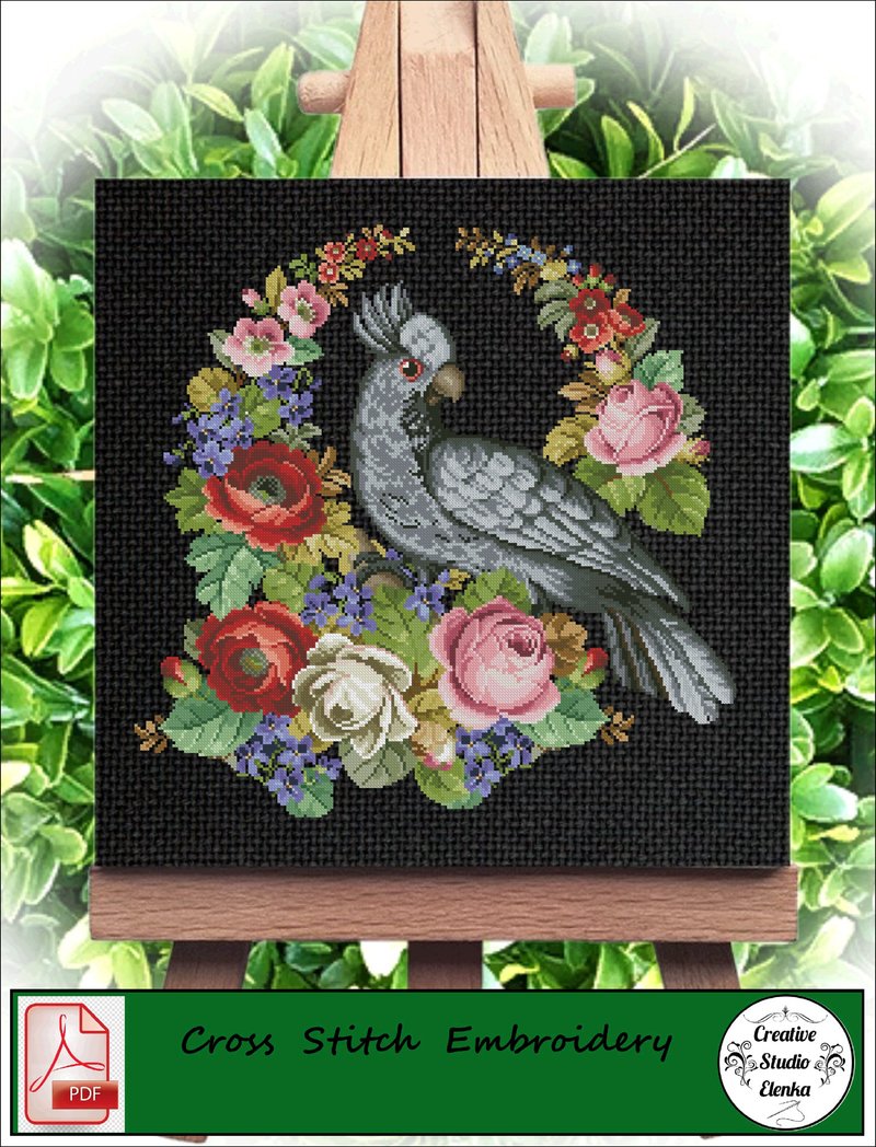 Vintage Cross Stitch Scheme Black cockatoo - PDF Embroidery Scheme - 編織/羊毛氈/布藝 - 其他材質 