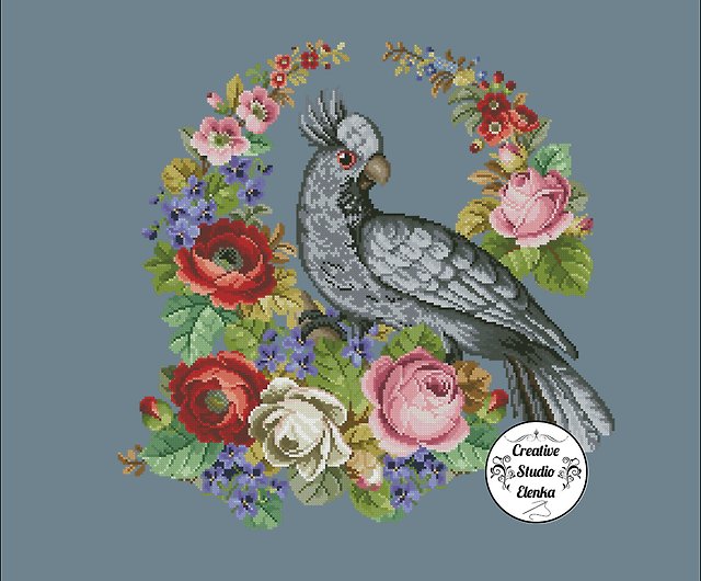 Vintage Cross Stitch Scheme Black cockatoo - PDF Embroidery Scheme 