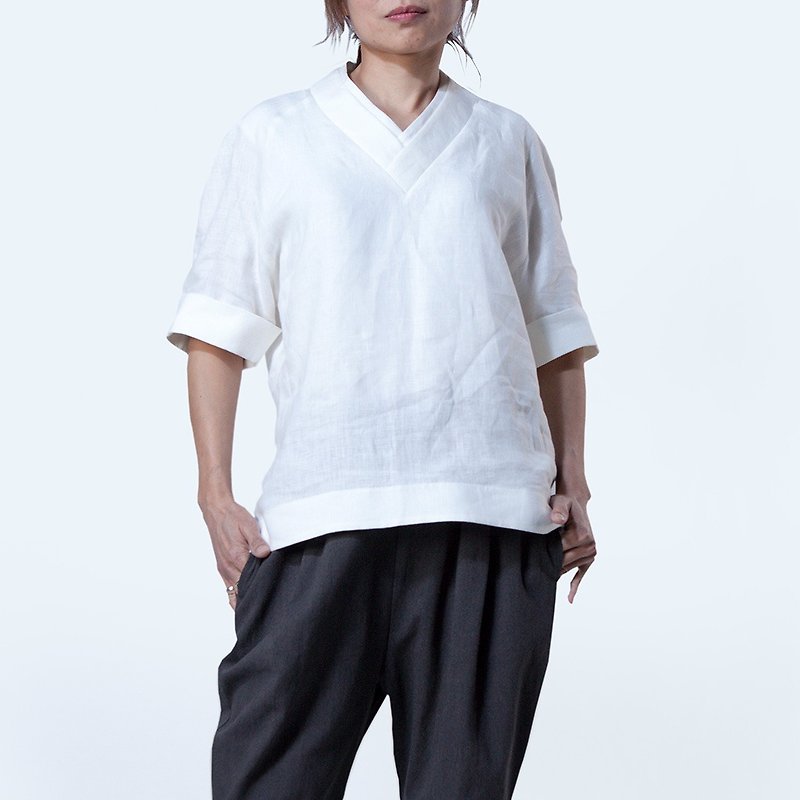 dual-V collar Shirt, white. - Women's Tops - Cotton & Hemp White