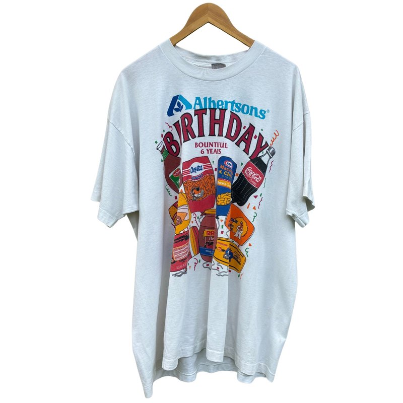 復古 90 年代 Albertson 生日 T 恤 單針織造 美國製造 雜貨店 - 男 T 恤 - 棉．麻 白色