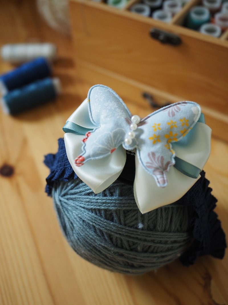 嬰兒女孩藍色蝴蝶兩用髮夾髮帶 - 圍兜/口水巾 - 棉．麻 藍色