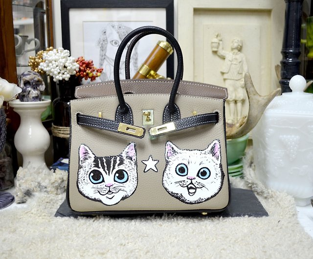 TIMBEE LO X GOOKASO designer hand-painted cat pattern top layer cowhide  Brkin handbag bag - Shop timbeelo Handbags & Totes - Pinkoi