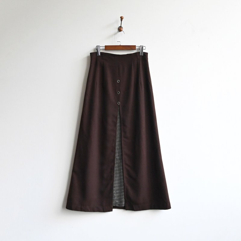 [Egg Plant Vintage] Reef line stitching A-line vintage long skirt - Skirts - Other Man-Made Fibers 