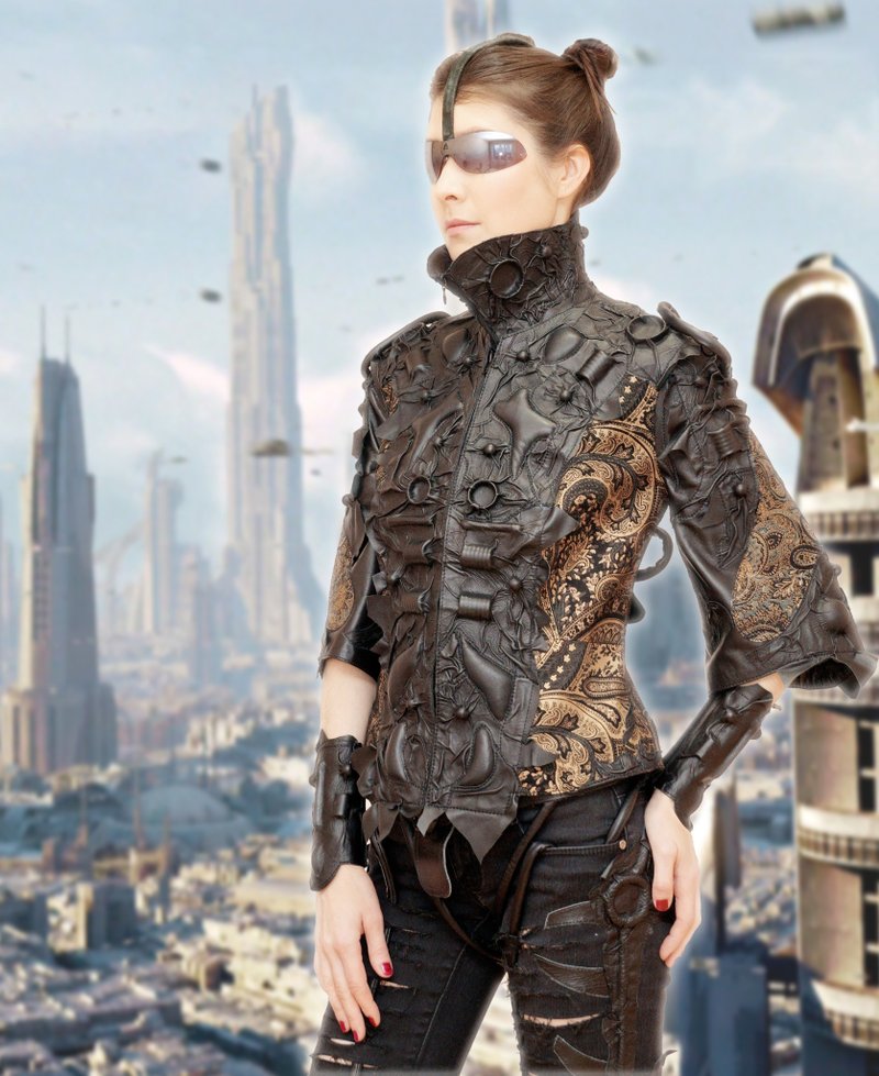Women's unique jacket genuine leather short sleeves, removable collar. - 女大衣/外套 - 真皮 咖啡色