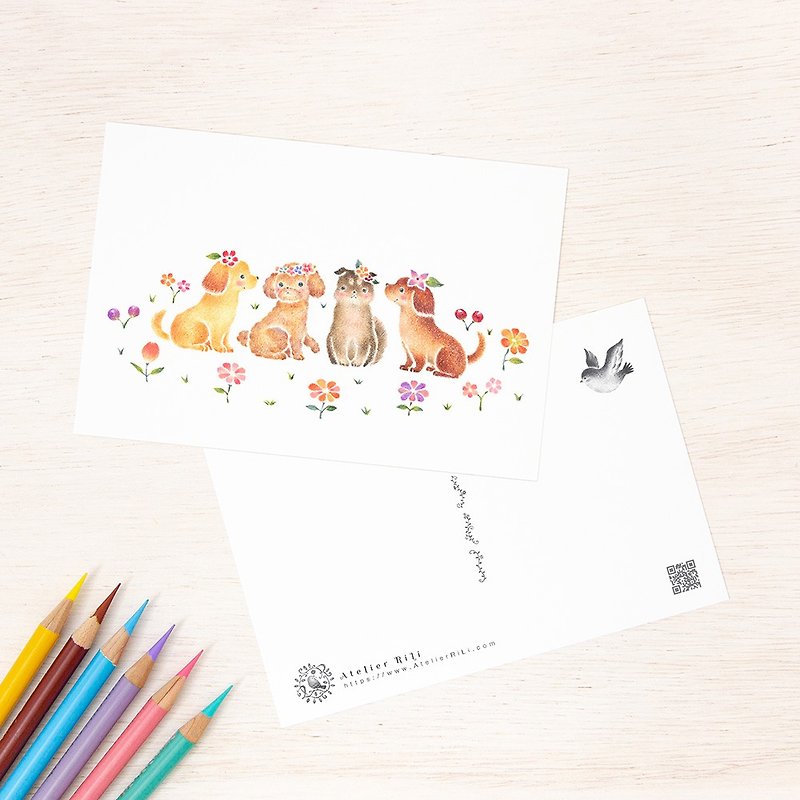 5枚セット。絵本のような。ポストカード "花を飾った子犬たち" PC-331 - 心意卡/卡片 - 紙 粉紅色