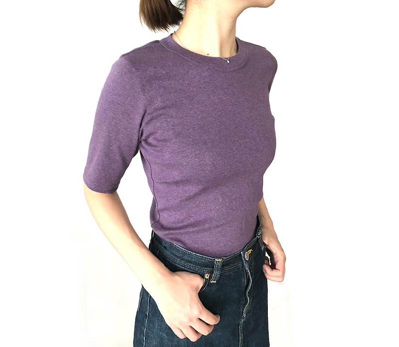 Made in Japan Organic cotton 4-quarter sleeve T-shirt stuck to shape ASH PURPLE - เสื้อยืดผู้หญิง - ผ้าฝ้าย/ผ้าลินิน สีม่วง