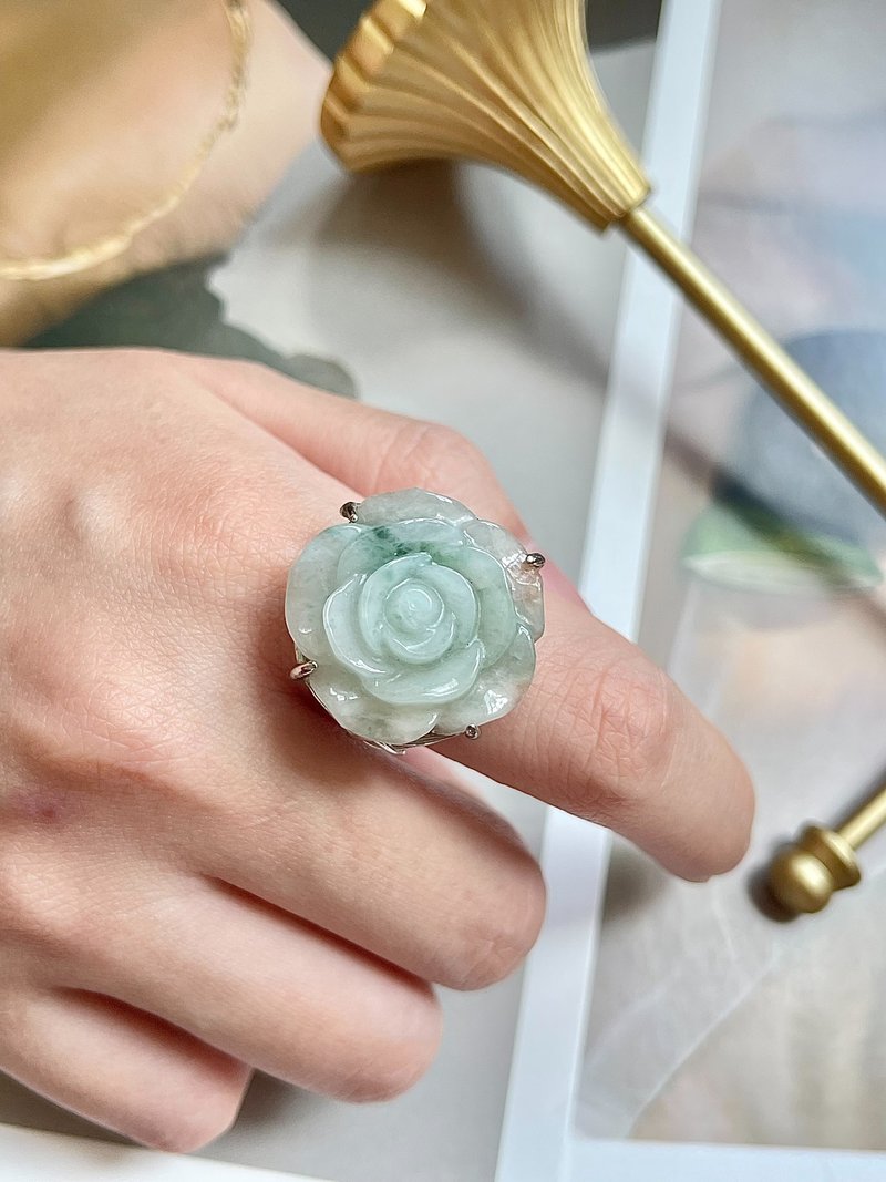 Natural Jadeite Type A - 925 Silver Green Jade Peony Flower Jade Ring gift - แหวนทั่วไป - หยก สีเขียว