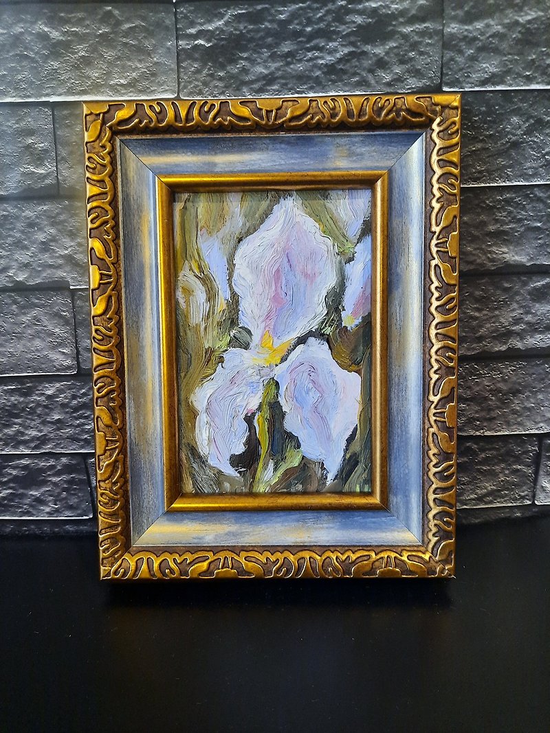 Impasto oil iris in a vintage frame 鳶尾花油畫 - โปสเตอร์ - ไม้ สีน้ำเงิน