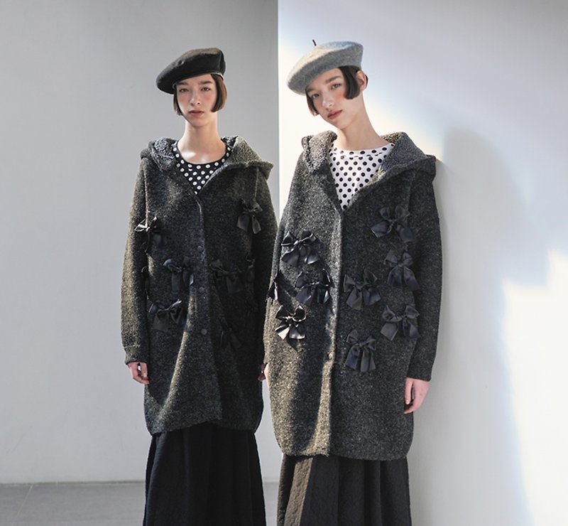 Bow black hooded wool coat jacket - imakokoni - เสื้อผู้หญิง - ขนแกะ สีดำ