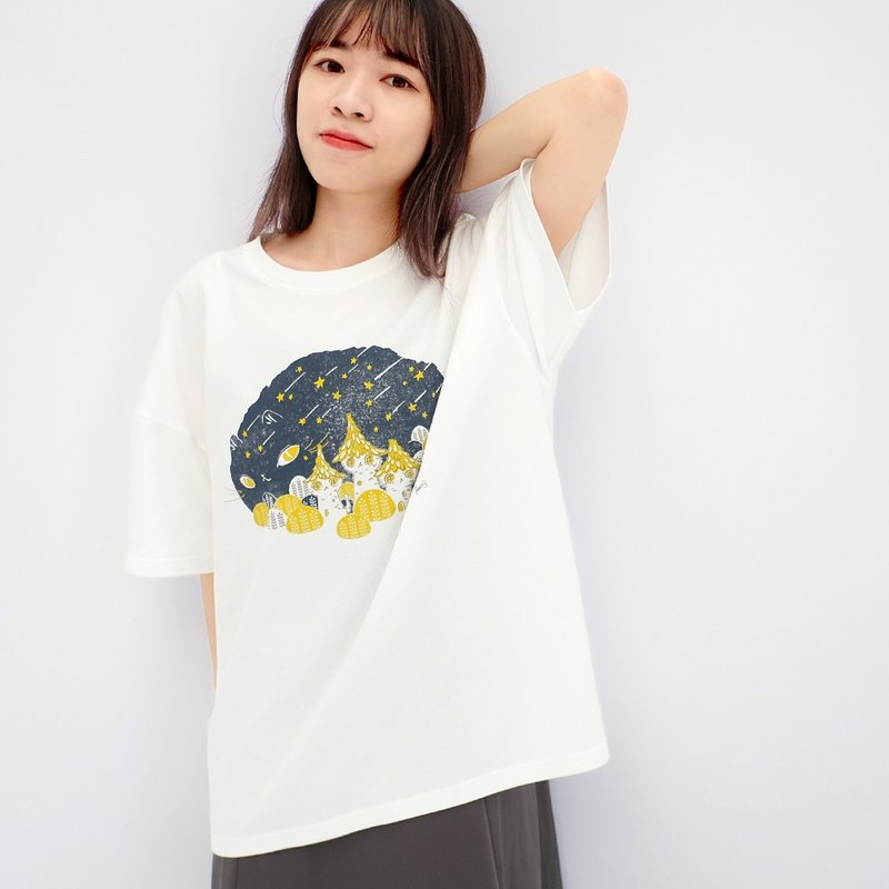 中性短袖- 貓村的夜空 女生穿 貓 - 女 T 恤 - 棉．麻 白色