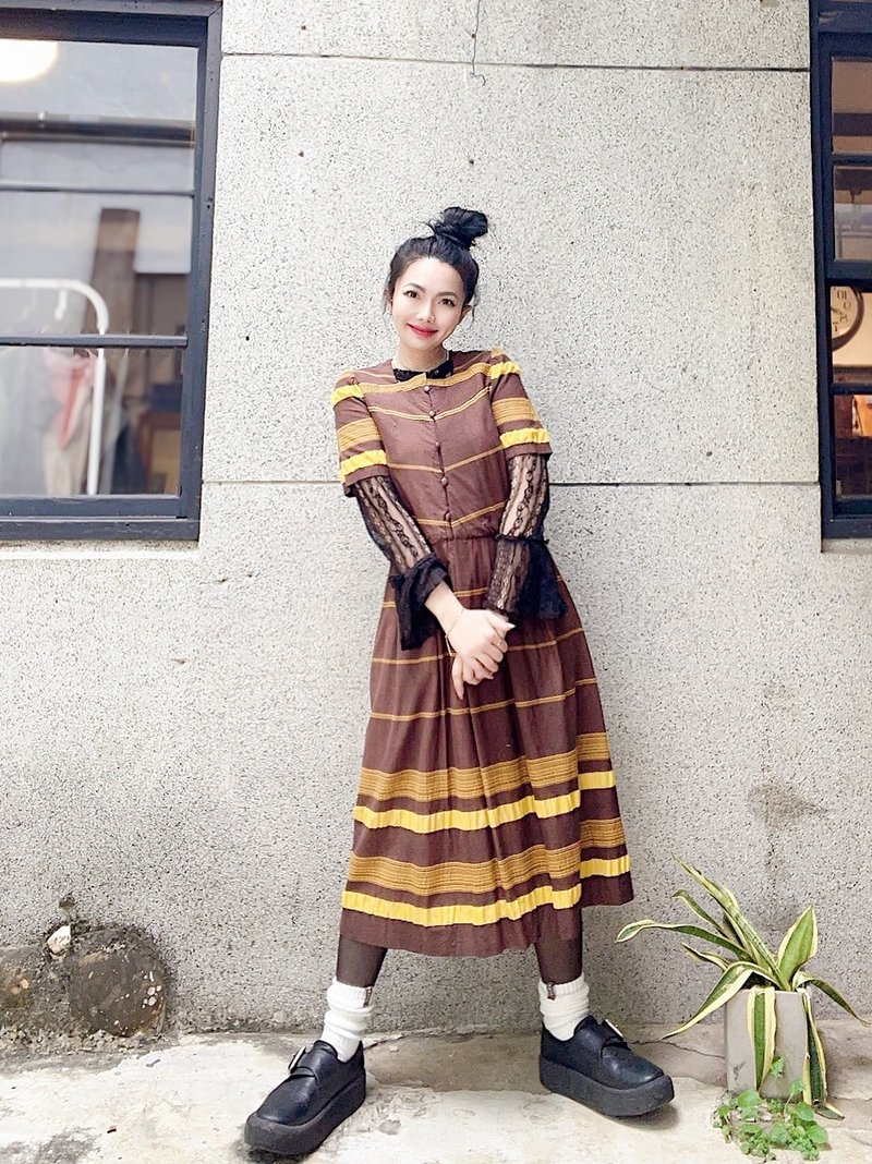 拿鐵x亮黃色方領橫條棉薄料 長裙洋裝連身裙古著ドレスDress - 洋裝/連身裙 - 棉．麻 多色