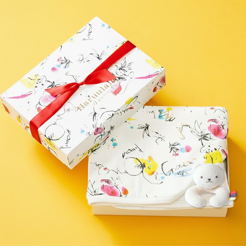【嬰兒毯 熊搖鈴禮盒】12款花色 可繡名 有機棉 彌月禮 - 出産祝い用贈物 - コットン・麻 ホワイト