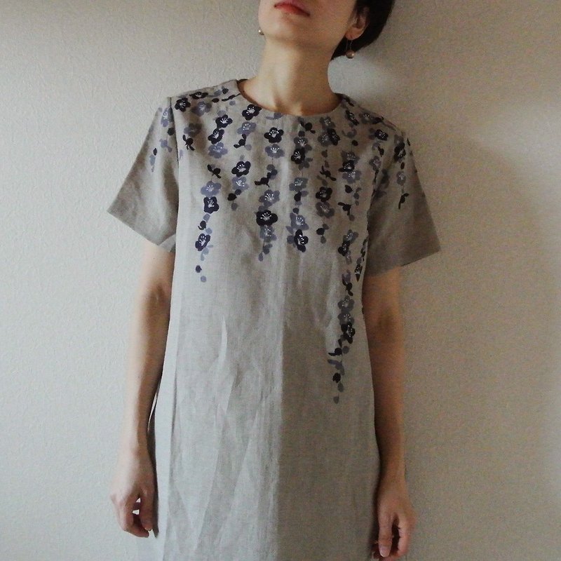 Linen/ short sleeve dress beige weeping plum - One Piece Dresses - Cotton & Hemp Gray