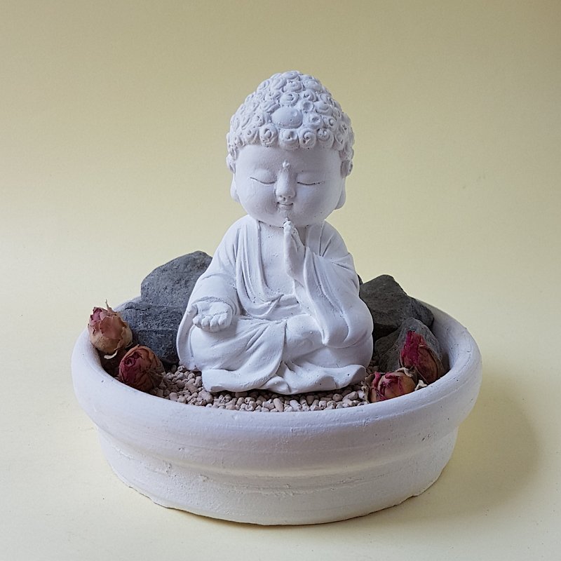 Miniature little meditation Buddha 180920 w/medium dish holder deluxe set - Fragrances - Other Materials White