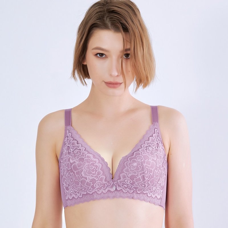 Pink Lady soft wire DE cup rose secret deep V concentrated covered carved lace single piece underwear - Women's Underwear - Other Man-Made Fibers Purple