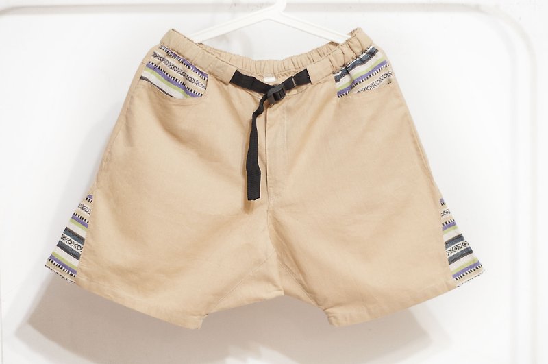 Woven Pocket Shorts / Ethnic Style Handmade Woven Pants / Bohemian Cotton Shorts - South America Morocco - กางเกงขาสั้น - ผ้าฝ้าย/ผ้าลินิน สีกากี